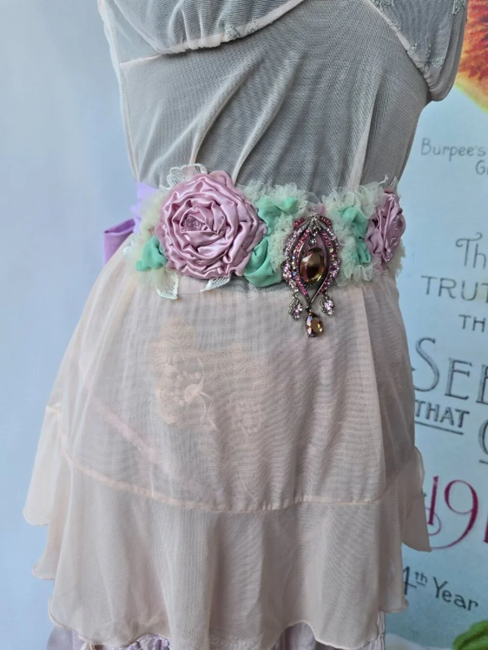 Handmade Light Pink Satin Rose and Crystal Sash Romantic Fairycore